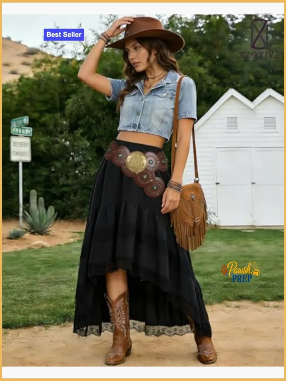 Western Boho High Waist Lace Trim Midi Skirt Asymmetrical Tiered Cowgirl